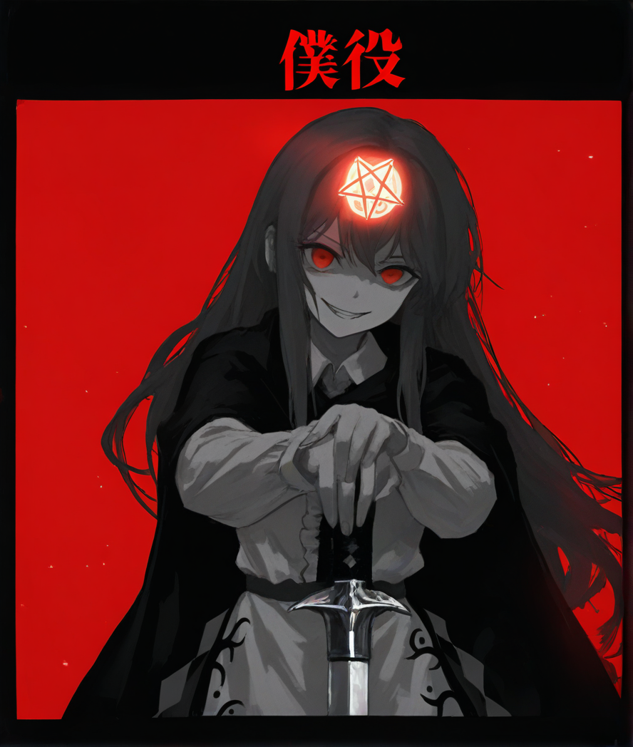 masterpiece, absurdres, aesthetic, best quality,newest, very awa, highres, absurdres, detailed,
<lora:noobai_vpred_1_masterpieces_v23:1>ï¼
<lora:shiej007:0.3>,
<lora:FKEY:0.3>,
depth of field, film grain, (chromatic abberation),  (negative space:1.2),
(bloom,HDR:1.25),
1 girl,
holding sword,
Hinanawi Tenshi,
star \(symbol\) on forhead,
looking at viewer,
<lora:test_puyi_IL-000008:1:lbw=0,0,0,0,0,1,1,1,1,1,1,1,1,1,1,1,1,0,0,0,0,0,0,0,0,0>,
empty eyes,
red background,
evil smile,
light particles, 
black border,