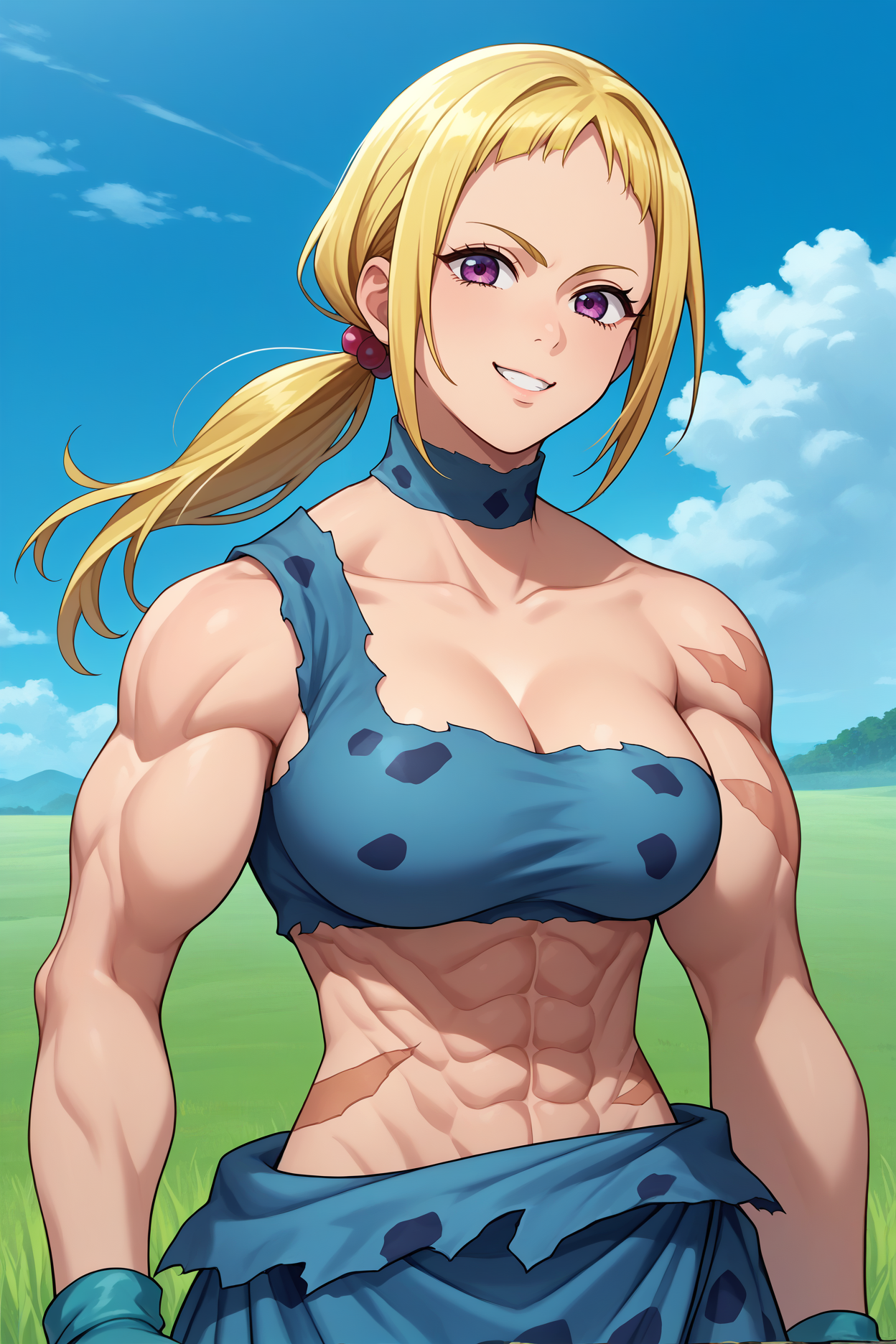 score_9, score_8_up, score_7_up, score_6_up, source_anime, 1girl, solo,  <lora:matrona-pdxl-nvwls-v1-000006:1> sdsmtrna, blonde hair, sidelocks, low ponytail, long hair, purple eyes, muscular female, blue choker, single shoulder, animal print, blue crop top, blue sarong, torn clothes, blue gloves, fingerless gloves, upper body, large breasts, looking at viewer, blue sky, field, clouds, happy, portrait