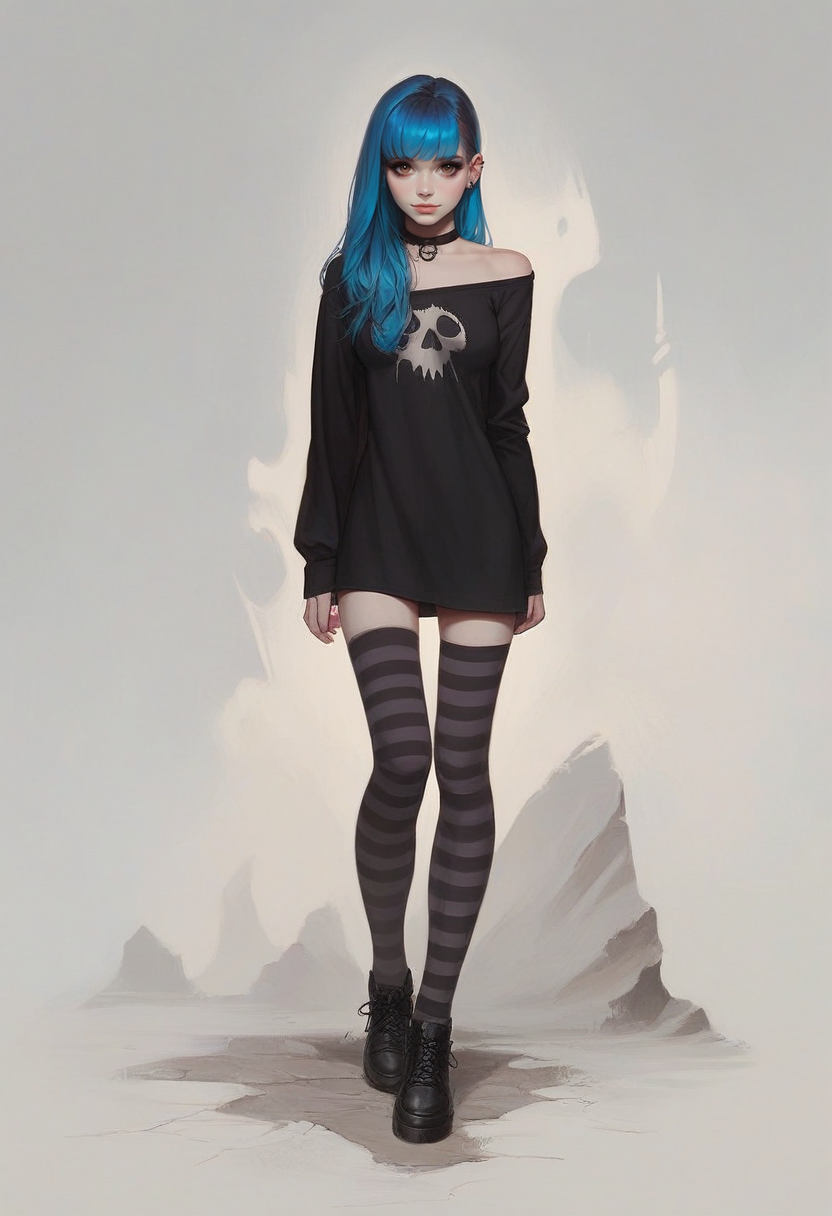 score_9, score_8_up, score_7_up, 1girl, 18yo, girl, emo, summer dress, dynamic pose, sweatshirt, mid thigh dress, choker ribbon, checkered and striped clothes, stockings, waist silver chain, black and (pink:0.75) makeup, eyeliner, gumshoes, look at viewer. outdoor, urban background, cowboy shot, shadows, sunny day, busy city. long side bangs, pale skin, (hazel:0.6) eyes, two tone grey and blue hair, hairstyle wolf cut, skinny, thin hands, petite body, upturned nose, sharp nose, shy smile, narrow shoulders, narrow wais, medium breasts, round butt outline, breasts outline,wide hips, pear body shape, detailed face, cute face, pretty eyes, perfect eyes, detailed eyes, semi-realistic, photorealistic face, urban background