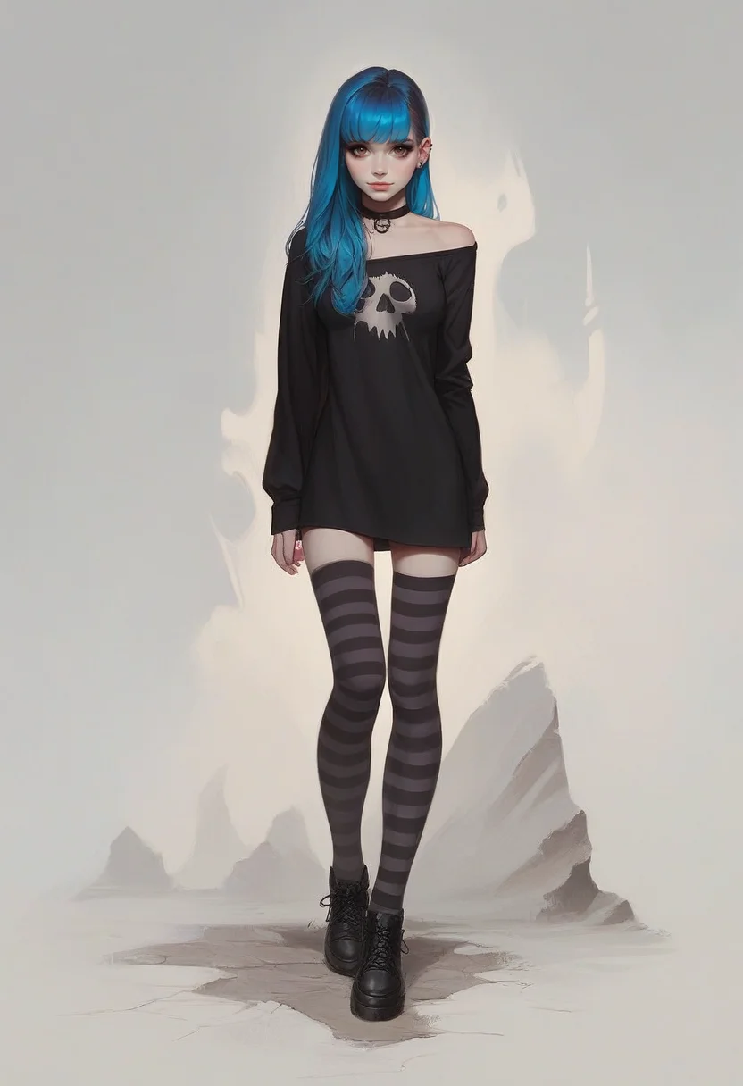 score_9, score_8_up, score_7_up, 1girl, 18yo, girl, emo, summer dress, dynamic pose, sweatshirt, mid thigh dress, choker ribbon, checkered and striped clothes, stockings, waist silver chain, black and (pink:0.75) makeup, eyeliner, gumshoes, look at viewer. outdoor, urban background, cowboy shot, shadows, sunny day, busy city. long side bangs, pale skin, (hazel:0.6) eyes, two tone grey and blue hair, hairstyle wolf cut, skinny, thin hands, petite body, upturned nose, sharp nose, shy smile, narrow shoulders, narrow wais, medium breasts, round butt outline, breasts outline,wide hips, pear body shape, detailed face, cute face, pretty eyes, perfect eyes, detailed eyes, semi-realistic, photorealistic face, urban background
