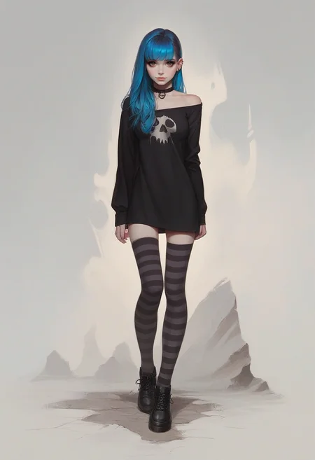 score_9, score_8_up, score_7_up, 1girl, 18yo, girl, emo, summer dress, dynamic pose, sweatshirt, mid thigh dress, choker ribbon, checkered and striped clothes, stockings, waist silver chain, black and (pink:0.75) makeup, eyeliner, gumshoes, look at viewer. outdoor, urban background, cowboy shot, shadows, sunny day, busy city. long side bangs, pale skin, (hazel:0.6) eyes, two tone grey and blue hair, hairstyle wolf cut, skinny, thin hands, petite body, upturned nose, sharp nose, shy smile, narrow shoulders, narrow wais, medium breasts, round butt outline, breasts outline,wide hips, pear body shape, detailed face, cute face, pretty eyes, perfect eyes, detailed eyes, semi-realistic, photorealistic face, urban background
