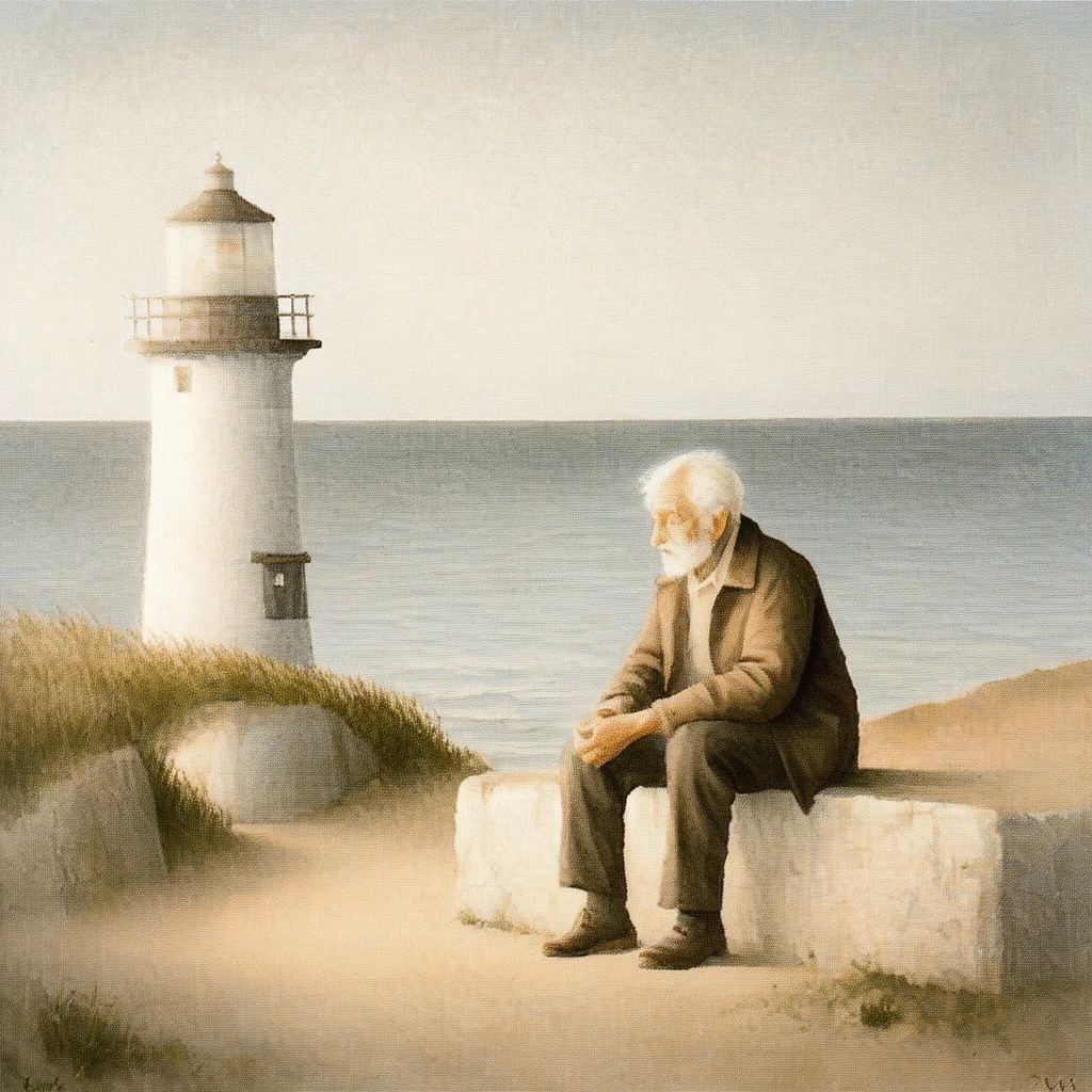 old man near the lighthouse, sentimental, 1boy, art by xavier valls, still life