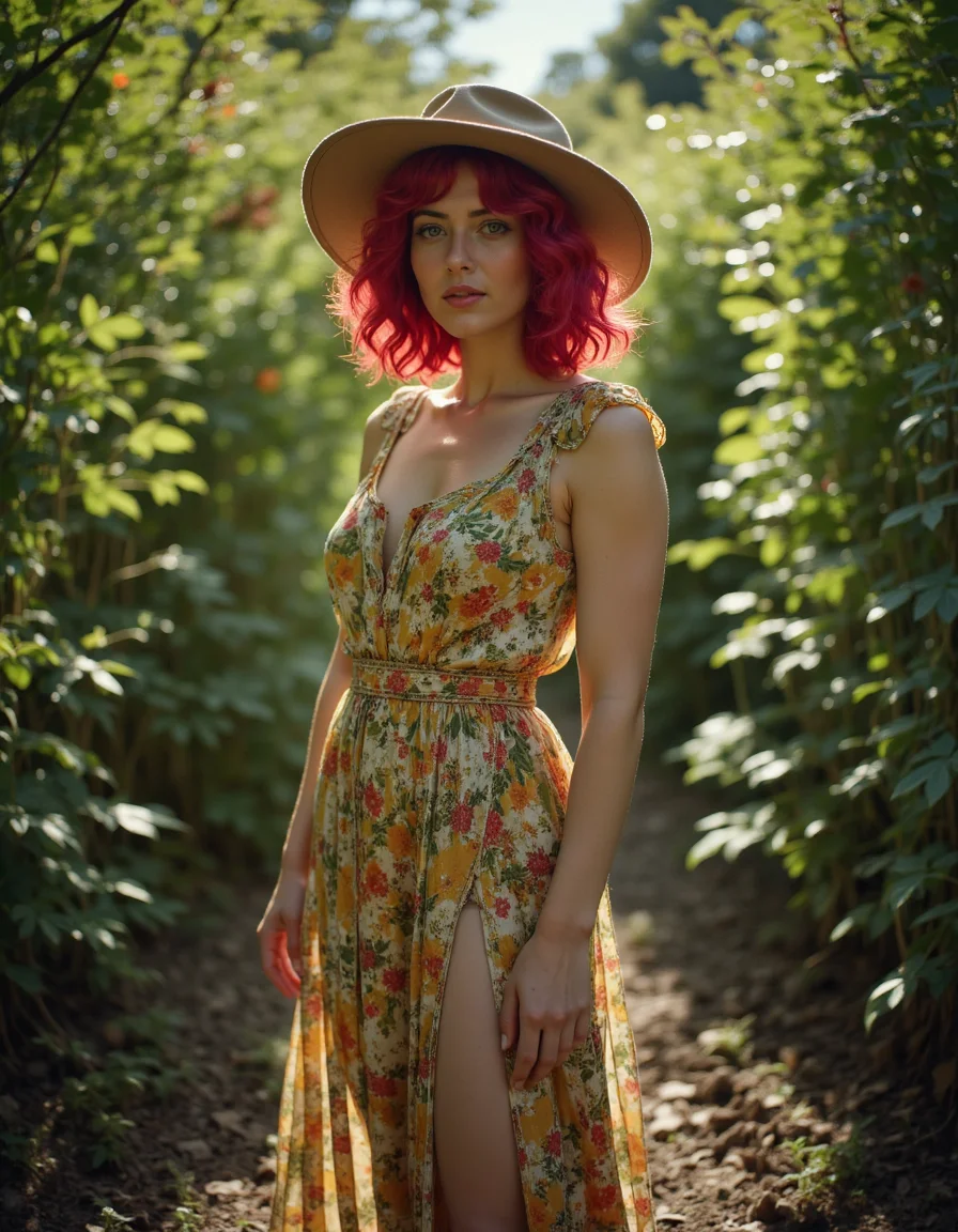 a muscular woman,Wavy French Bob Vibes from 1920â,colored inner hair,dressed in a high-low dress with a bold floral print and a wide-brimmed hat,in a labyrinth of illusions,(masterpiece best quality ultra-detailed best shadow amazing realistic picture),Nikon d850,Reflected light,<lora:Pro-skin_epoch_4:1>