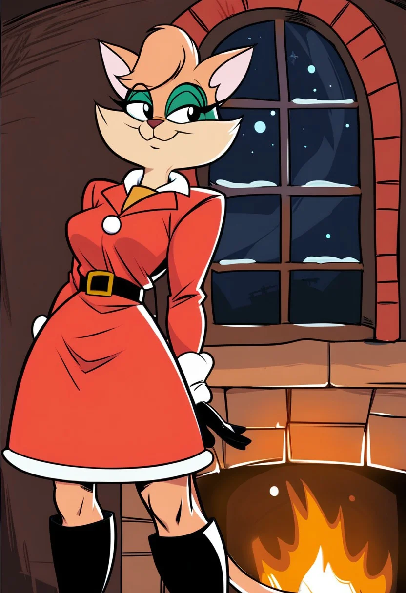 score_9, score_8_up, score_7_up, score_6_up, score_5_up, score_4_up, retro artstyle, BREAK 
Tabitha_Fantomcat,cat girl,short hair,1girl, red dress, furry female, dress, smile, furry, solo, christmas,black eyes, pink fur, night, fur trim, fire, fur-trimmed dress, animal ears, long sleeves, animal nose, window, breasts, boots, santa costume, standing, black footwear, fireplace, gloves, fur-trimmed sleeves,short hair, sky, star \(sky\), bag, alternate costume, looking to the side, closed mouth, night sky, belt, happy, santa dress, small breasts, indoors, medium breasts
<lora:tabitha-v1:1>