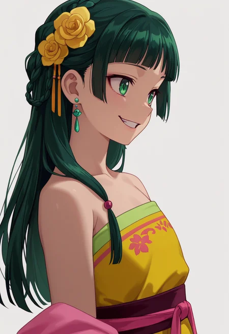 Smooth Quality,masterpiece,very intricate, high quality details, ultra realistic, high detailed skin,detailed enviorement,absurdres,
simple background, white background,solo,
from side,crazy smile,
<lora:Maomao_CNR:0.8> maomao_cnr,
maogreen_cnr,
green hair, long hair, green eyes, bare shoulders, flat chest, single braid
chinese clothes, hanfu, dress,strapless dress, yellow dress,earrings, hair flower, sash,