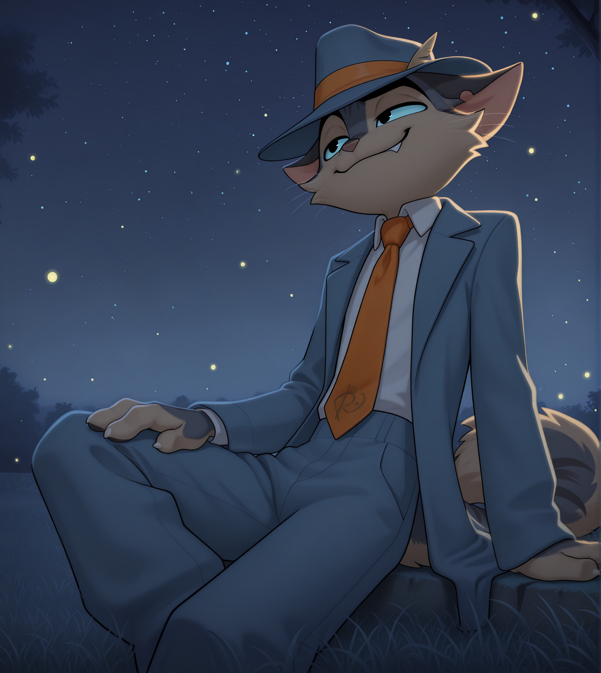 solo, anthro, furry, dark eyes, smile, blue coat, blue pants, white shirt, collared shirt, orange tie, blue headwear, night, dark, park, sitting, grass, starry sky, fireflies, pose, posing, pinup, dynamic angle, smug, 
BREAK masterpiece, best quality, amazing quality, very aesthetic, high resolution, ultra-detailed, absurd res, newest,     <lora:rockyld:1> rocky rickaby