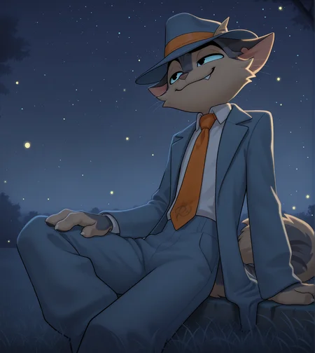 solo, anthro, furry, dark eyes, smile, blue coat, blue pants, white shirt, collared shirt, orange tie, blue headwear, night, dark, park, sitting, grass, starry sky, fireflies, pose, posing, pinup, dynamic angle, smug, 
BREAK masterpiece, best quality, amazing quality, very aesthetic, high resolution, ultra-detailed, absurd res, newest,     <lora:rockyld:1> rocky rickaby