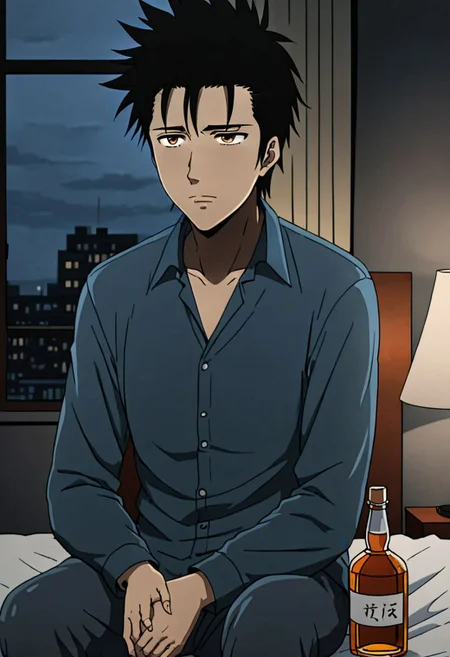 Highres, Masterpiece, High Quality, 4K, 8K, solo, 1Boy, Soujirou Agata, brown eyes, black hair, Sad, share, deep talk, hotel room, dim weather, sitting, weak, facing viewer, complicated, anxious, empty alcohol bottle, self torture, alone, lost, hopeless, hearthless, helpless, easynegative, detailed_eye_model