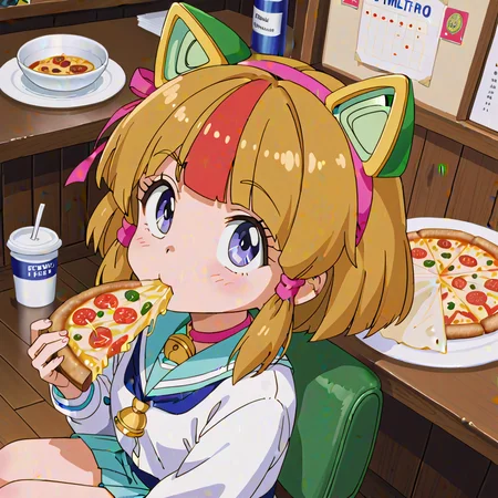 score_9, score_8_up, score_7_up, 
masterpiece, ulutra detailed, 
source_anime, 
official art, detailed background,
BREAK 
<lora:otama.pony:1>,
otama, 1girl, solo,
casual, (robot, mecha:1), 
looking at viewer,
from above, high angle, focus on face, looking up
indoor, Cafe Terrace, 
pizza box, eat a pizza,