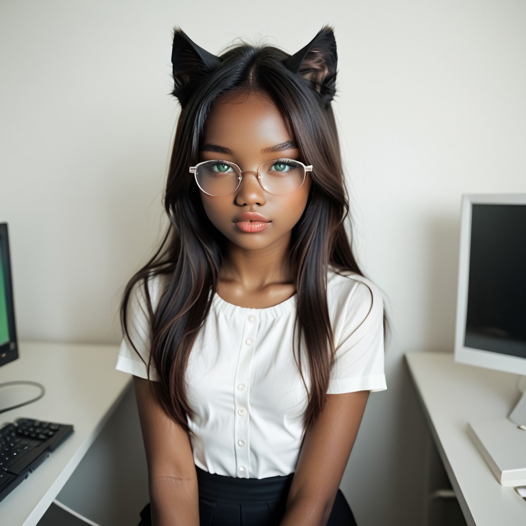 1 GRIL, ebony , anime girl, small breasts, ONE GIRL, ALONE, dark skin, bright emerald green eyes, long straight black hair, symmetrical face, small nose, natural lips, cat ears, DARK SKIN, long hair , realistic, masterpiece, best quality, beautiful girl , wearing glasses, dewearing glasses, white shirt, working on computer