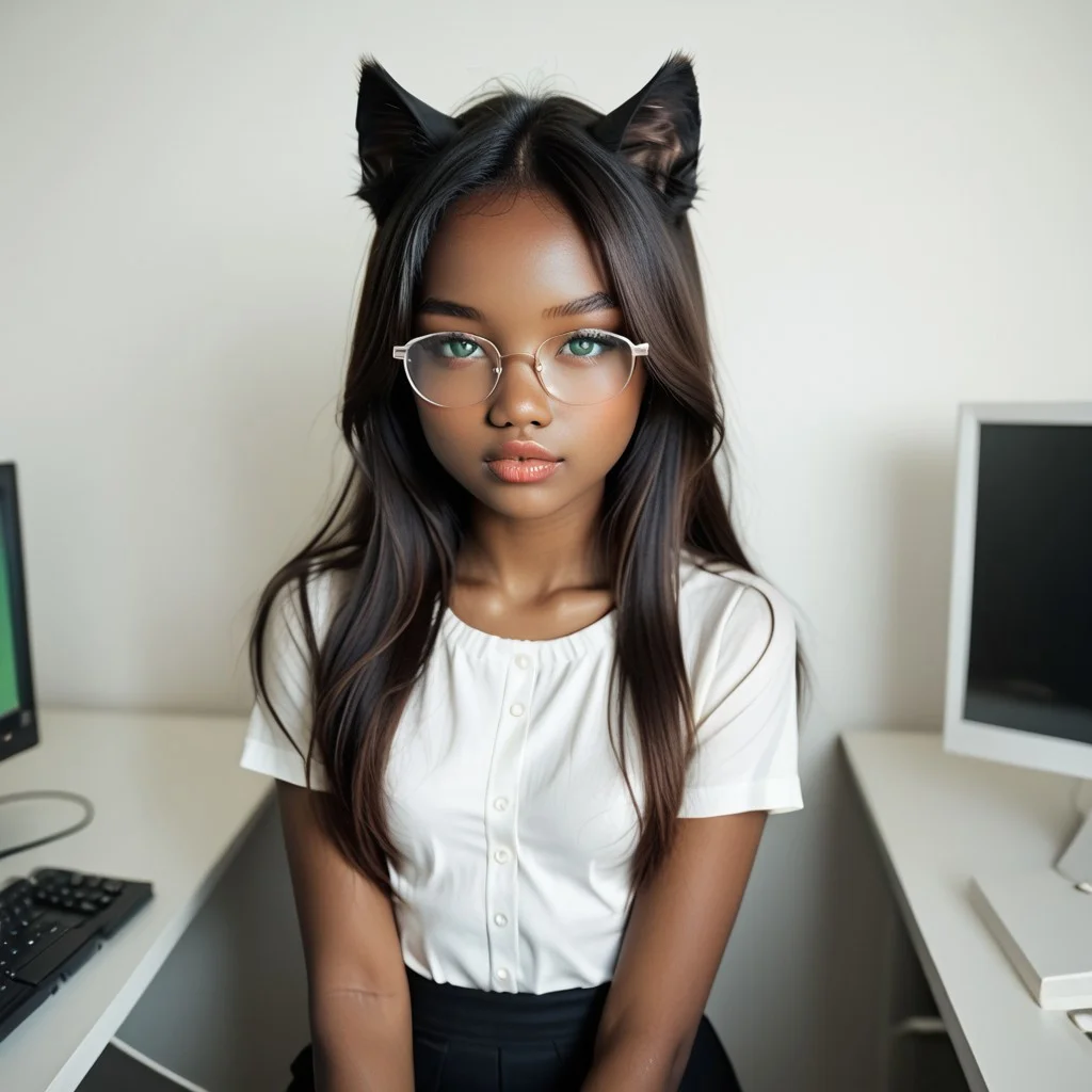 1 GRIL, ebony , anime girl, small breasts, ONE GIRL, ALONE, dark skin, bright emerald green eyes, long straight black hair, symmetrical face, small nose, natural lips, cat ears, DARK SKIN, long hair , realistic, masterpiece, best quality, beautiful girl , wearing glasses, dewearing glasses, white shirt, working on computer