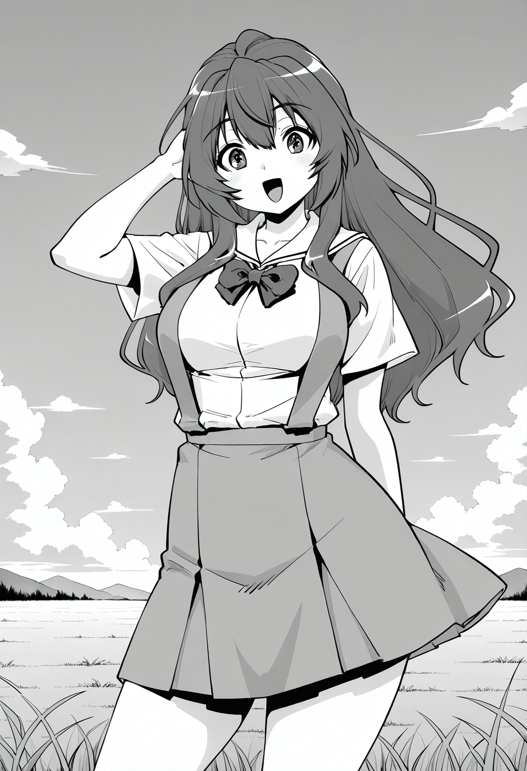 minami_chihiro, long hair, school uniform, bowtie, white shirt, short sleeves, suspender skirt, <lora:minami_chihiro_illustrious_ver1:0.8> 
smile, open mouth, monochrome, greyscale, 1girl, solo, (field:1.2), (sky:1.2), looking at viewer,, masterpiece, best quality, general,, (cowboy shot, dynamic pose:1.4),