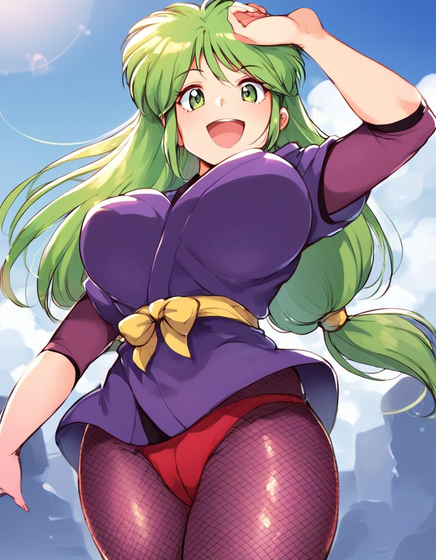 score_9, score_8_up, score_7_up, score_6_up, score_5_up, score_4_up, source_anime, rating_explicit, BREAK
 <lora:yae-bonbon_XL:1>  yae-bonbon, 1girl, soro, light green hair, long hair, green eyes,  low-tied long hair, Yellow bow, red panties,  looking at viewer, large breasts, cowboy Shot. under body,
looking straight ahead, fishnets, fishnet bodysuit, ninja,   purple bodysuit, japanese clothes,   pantyhose, sky, outdoor, smile, open mouth,