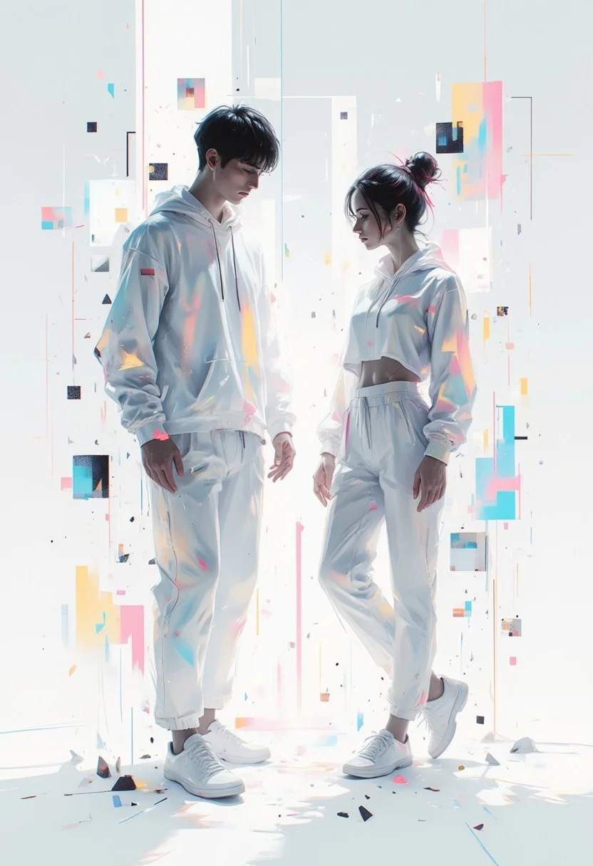 aidmaimageupgrader, male and female character framed by geometric shapes, glitchcore aesthetic, white space dominance, minimalist design, soft gradients, glowing holographic lines, fragmented glitch effects, subtle neon overlays, abstract symmetry, futuristic fashion with clean lines, muted color palette, digital distortion around edges, serene atmosphere, faded visual artifacts, worn textures, dreamlike holographic glow, delicate composition, degraded digital aesthetics, quiet focus, ethereal ambiance,pscho_4rt