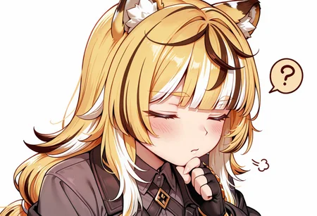 lazypos, girl focus, 1girl, animal ears, tiger ears, closed eyes, blonde hair, ?, multicolored hair, spoken question mark, long hair, white background, upper body, shirt, simple background, blunt bangs, animal ear fluff, hand on own chin, closed mouth, white hair, jacket, collared shirt, black gloves, streaked hair, grey shirt, fingerless gloves, solo, gloves, thinking, blush, two-tone hair, personification, mdstyle