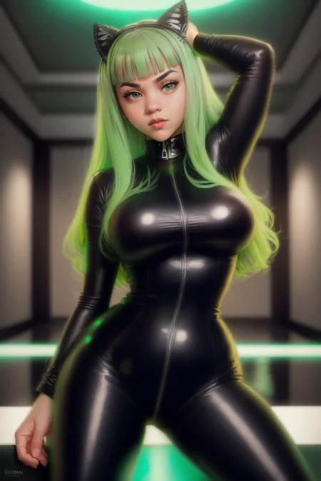 dramatic cartoon  portrait d0nna_n0texist in a patterned leather catsuit in a darkened hotel room, looking at the camera, cinematic angle, Bokeh effect, dynamic lighting, photorealistic, high detail