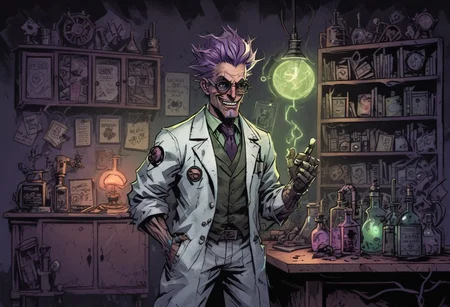 mad-mecharm, comicish artwork in dgst artstyle, Mad scientist, laboratory, (Manic laughter:1.7), crazy, Lightning, Experimenting, standing behind desk, (Purple:1.1), (green:1.1)