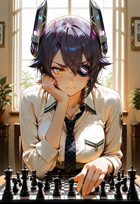 score_9, score_8_up, score_7_up, 1girl, solo, dark hair, Tenryuu, eyepatch, necktie, chessboard, intellectual, focused expression, seated, professional setting, concentration, thoughtful pose, competitive, background blur, chess pieces, high-quality, elegant style, indoor, soft lighting, tomboyish, intelligence, strategy, game of chess, board game, looking at chessboard, intricate design, sophisticated atmosphere