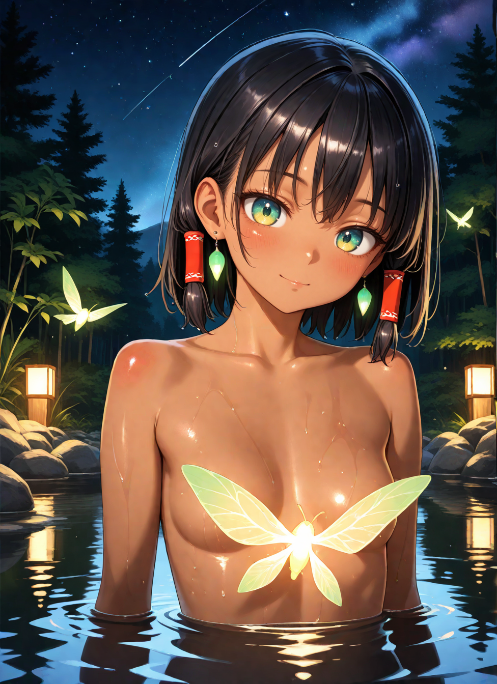 1girl, closed mouth, light smile, blush, dark skin, short hair, hair tubes, black hair, green eyes, earrings, convenient censoring, steam, small breasts, wet hair, wet, partially submerged, standing, looking at viewer, outdoors, lake, night sky, starry sky, forest, scenery, firefly, upper body,, <BREAK> , masterpiece, amazing quality, best quality, ultra-detailed, 8K, illustration, CG, clear skin, ultra-detailed-eyes, soft skin, shiny skin, shiny hair, very awa, very as2, anime coloring, uncensored,, , shiny, shiny skin, shiny hair, soft body,, <BREAK> (body blush:1.2),