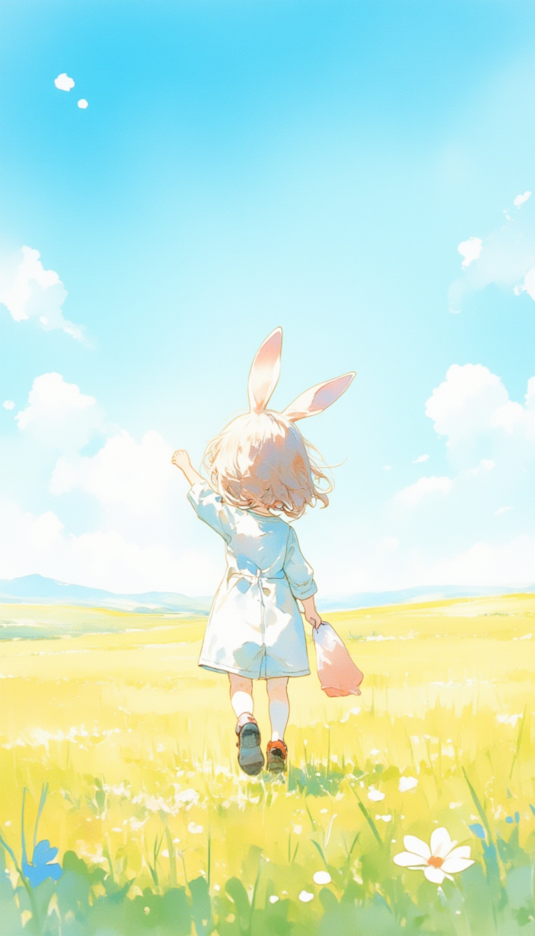 watercolor, bunny toddler girl in kindergarten lightblue smock walking fields, background blue sky,lyh_niji