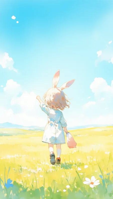watercolor, bunny toddler girl in kindergarten lightblue smock walking fields, background blue sky,lyh_niji
