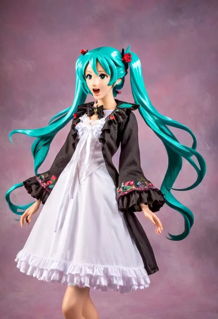 adult Hatsune Miku with long floating twintails singing high note, <lora:The Phantom of the Opera style:1> The Phantom of the Opera style,