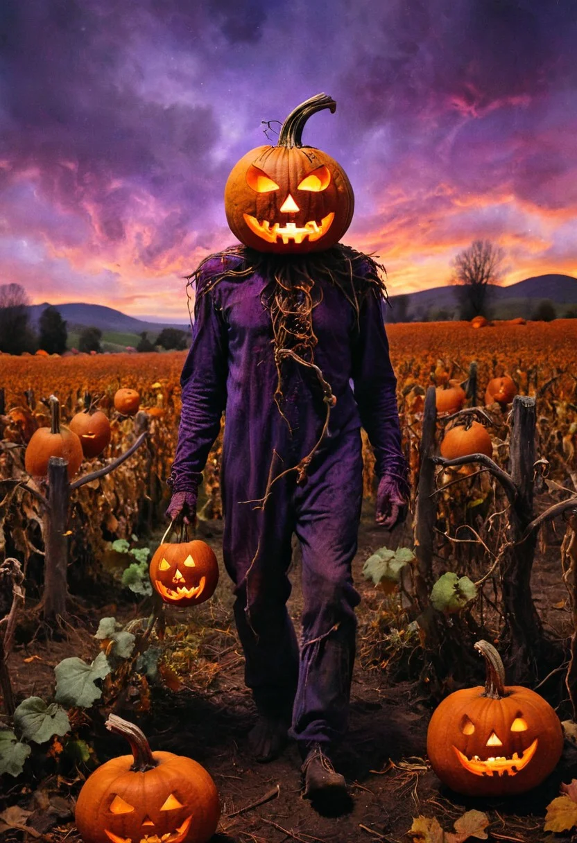 Gates of fear is open
Deep inside the violence rages
Till you dies
It takes a moment
forevermore
 score_9, score_8_up, score_7_up, The Spirit of Samhain wanders through the glowing pumpkin fields of the Eternal Hallow. His jack-o'-lantern head flickers with fiery energy, and the glowing vines wrap around his feet as he moves. The pumpkins around him glow with a vibrant neon light, casting an eerie glow across the dark landscape as the sky above swirls with purple and orange clouds., In the style of grainy 80s VHS dark fantasy horror, vintage Halloween, autumn harvest tones, occult mysticism, gritty animatronics, with Sean Aaberg's psychedelic grotesque flair, evoking eerie, grainy VHS footage in the style of hauntingly atmospheric dark fantasy, VHS, horror, 80's horror with vibrant colors , the scene is captured in dimly lit dark fantasy but vibrant colors, with bold ink lines defining form against the watercolor wash of the aged paper