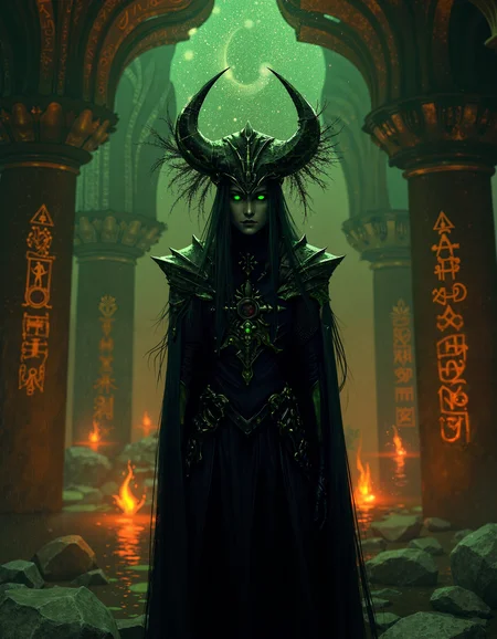 In a dimly lit, eerie cavern of obsidian, a shadow priestess with dark, smooth skin and piercing green eyes stands tall, her sleek, sharp armor etched with faintly pulsing runes like dying embers, as tendrils of living darkness flow from her ornate headdress, amidst ancient glyphs etched into the walls, casting an otherworldly glow, reminiscent of Guillermo del Toro's dark fantasy style, with bold contrasts, textured shading, and intricate details, shot in a cinematic, high-contrast style with warm, golden lighting and deep shadows, film grain, and subtle lens flares, with a muted color palette and subtle, surrealistic color grading. The painting is in the style of umesky<lora:ume_sky_v2.safetensors:0.8:0.8>