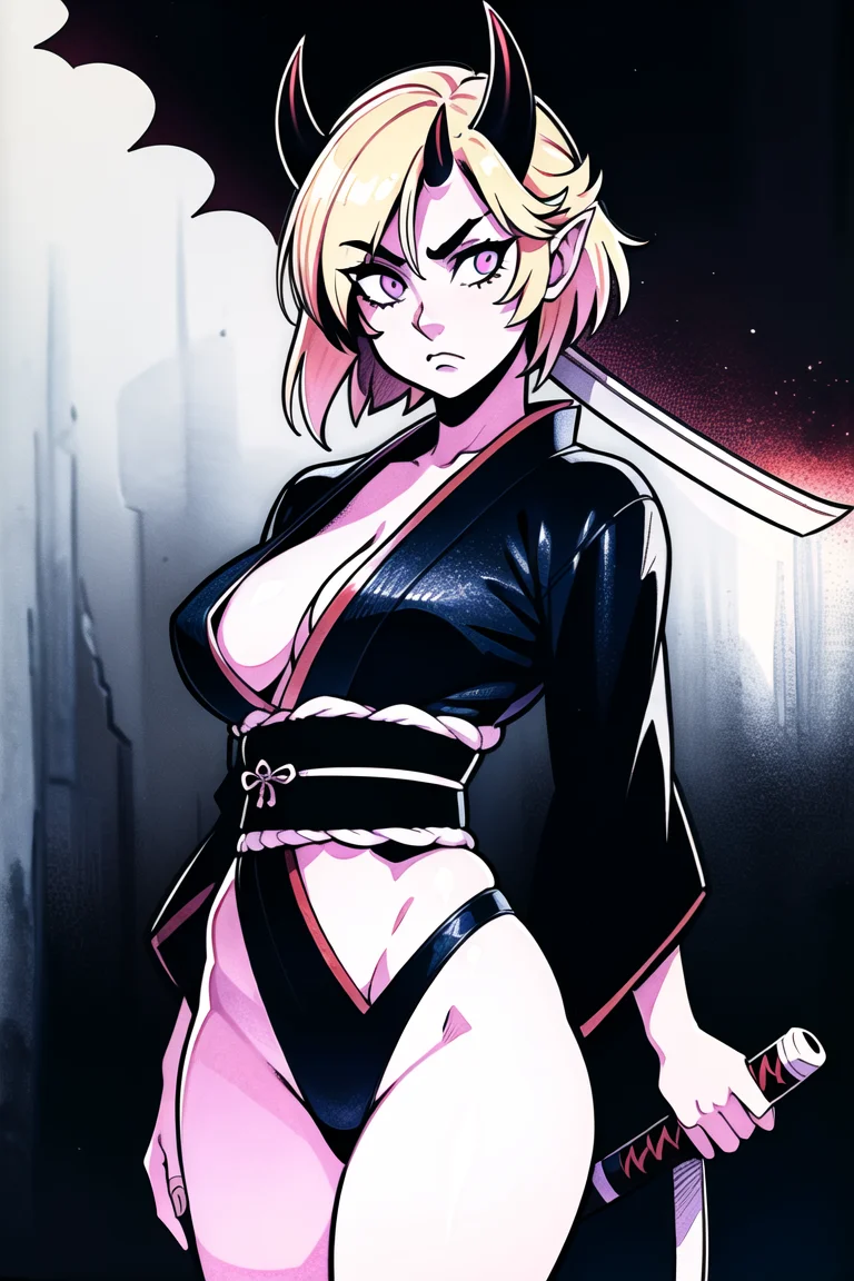 girl,samurai,(traditional_media,illustration:1.4),kimono,wielding katana,normal_breasts,(oni, horns, detailed_eyes),fighting_pose ,(masterpiece,detailed,highres,cinematic,atmospheric:1.4), (hotify:0.6),