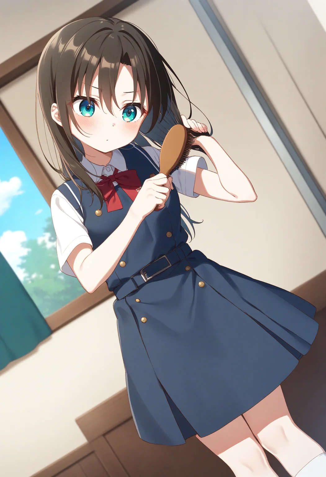 1girl,sincos, ningen mame, toosaka asagi,solo,medium breasts,school uniform,
brushing hair,hair brushing,hair brush,indoors, <lora:brushinghair_XL_v1:0.8>
dutch angle, feet out of frame, looking ahead, brown hair, aqua eyes,water eye, closed mouth, hair bun hair,,
best quality, very aesthetic, absurdres