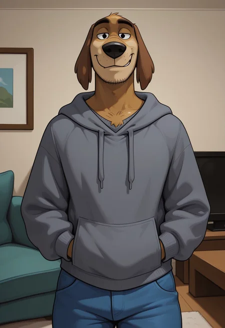 high quality, detailed, source_furry, male, solo male, Dukey, 1boy, broad shoulders, mature male, black eyes, athletic build, animal ears, canine, stubble, anthro, anthro male, tan body, bottom heavy, floppy ears, long snout, light tan underbelly, grinning, looking at viewer, hands in front pocket, gray hoodie, blue jeans, half-body shot, living room, high quality