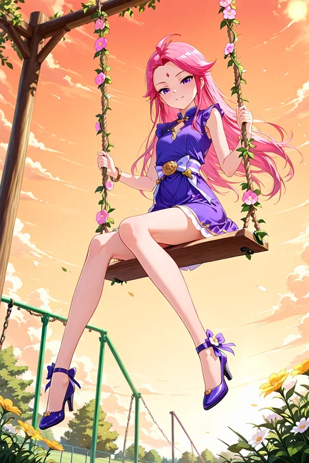 from below,swing,swing set,sitting on swing,swinging,flower swing,outdoors,
1girl,looking at viewer,full body,high heels,seductive smile,long legs,slim legs,
Best quality,masterpiece,soft light,official art,high quality,highres,absurdres,epic scene,natural textures,<lora:Dong Fang Tie Xin IL:1>,dongfangtiexin,asymmetrical hair,pink hair,long hair,forehead mark,red forehead mark,ahoge,purple eyes,jewelry,