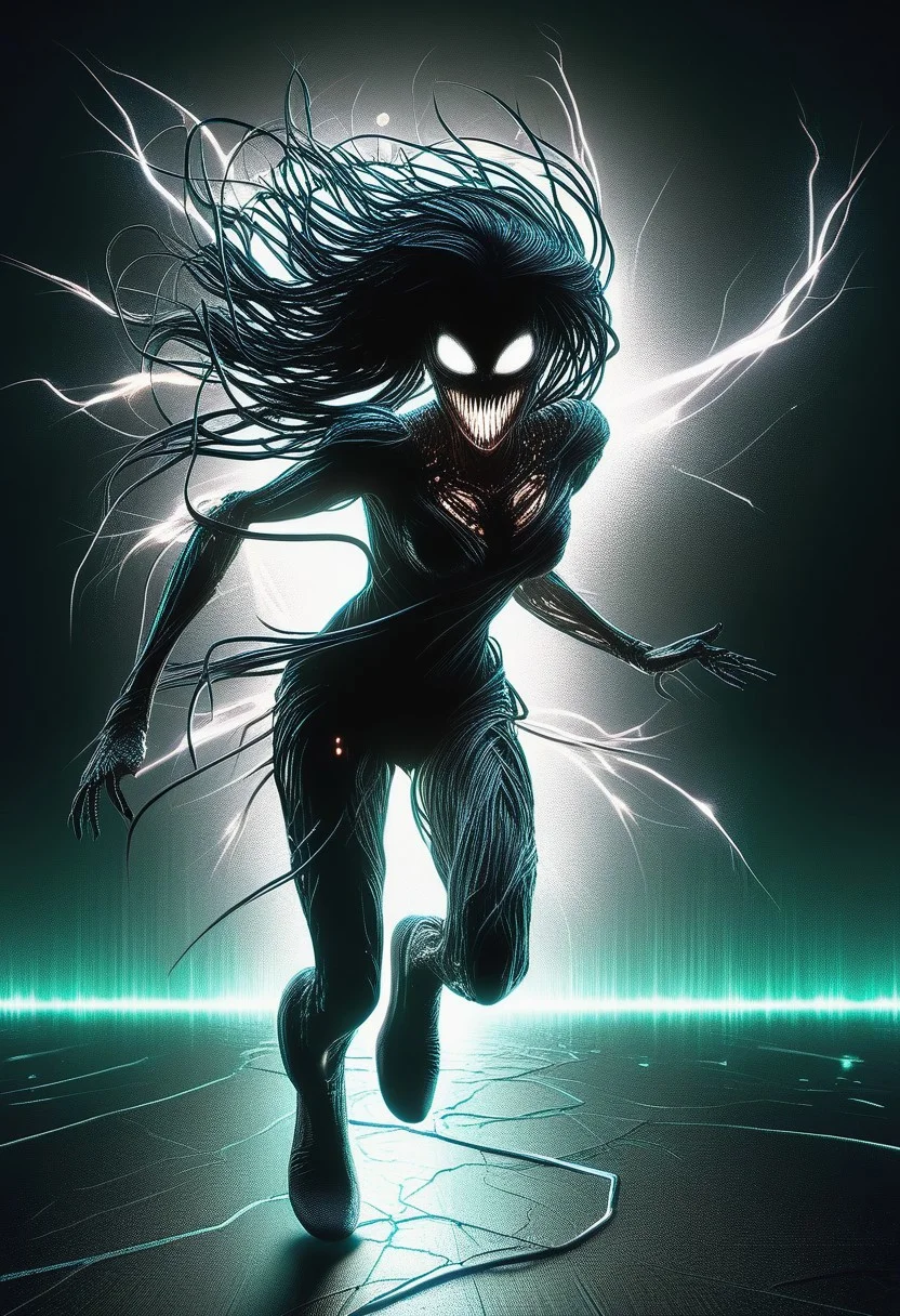 a girl running thowards the viewer, she's evil with glowing eyes, and open mouth, strong legs, partially dissolving, windy day,
lightlora,made from light,light,light particles,glowing, DonM3v1lM4dn355XL
