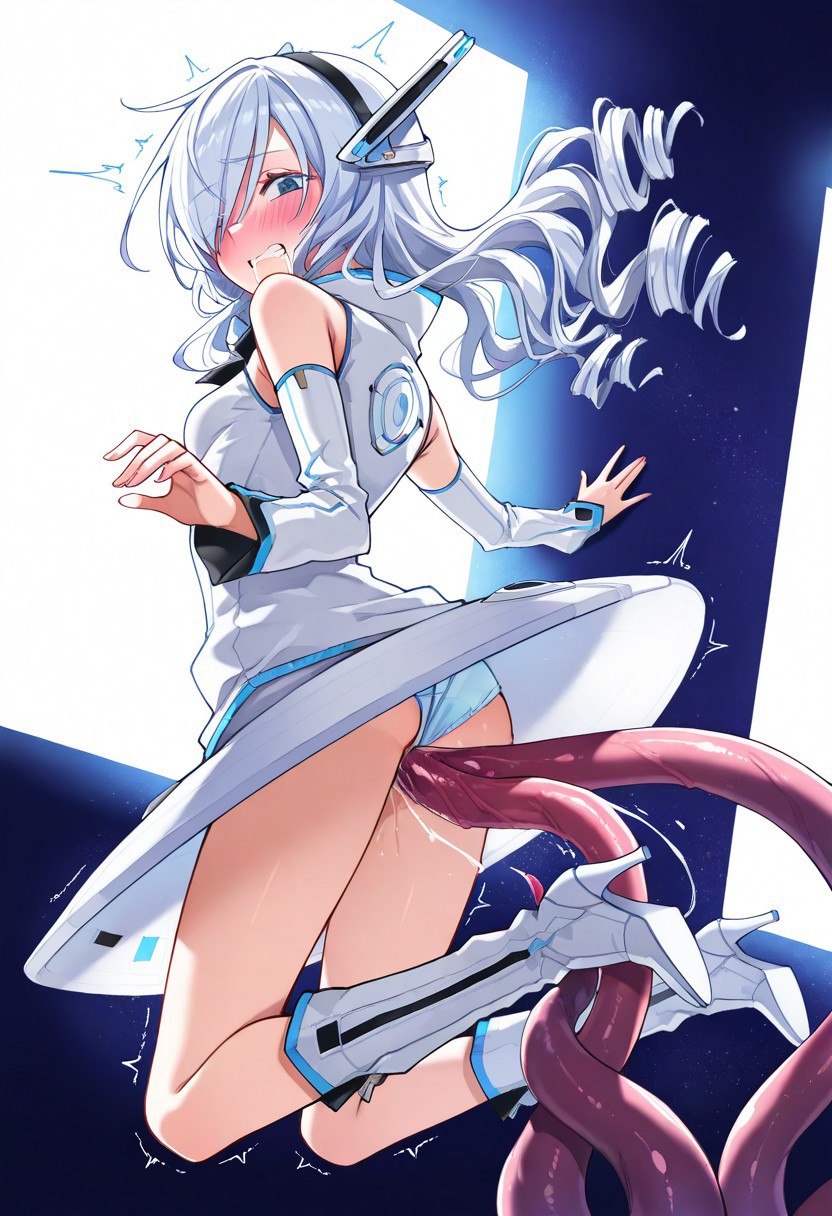 masterpiece, best quality, amazing quality, highres, absurdres, high resolution, ultra detailed, perfect details, aesthetic, ultra-detailed, high quality, newest, scenery, extreme detail, 8k, light particles, soft lighting, volumetric lighting, intricate details, finely detailed, detailed eyes, ENT_Girl, white hair, blue eyes, medium hair, curly hair, hair over one eyes, ENT_dress, ENT_Headphones, tall puffy collar with blue trim, bare shoulders, detached ENT_sleeves with blue trim, white ENT_uniform with blue trim, short dress, saucer skirt, bare legs, tall boots, ENT_boots, high heel boots, upskirt, pantyshot, blushing, embarrassed, half-lid eyes, trembling, legs apart, (((arching back))), arms out, tentacle sex, vaginal, drooling, gritted teeth, winking, struggling, suspended, panties aside, tentacles, sex