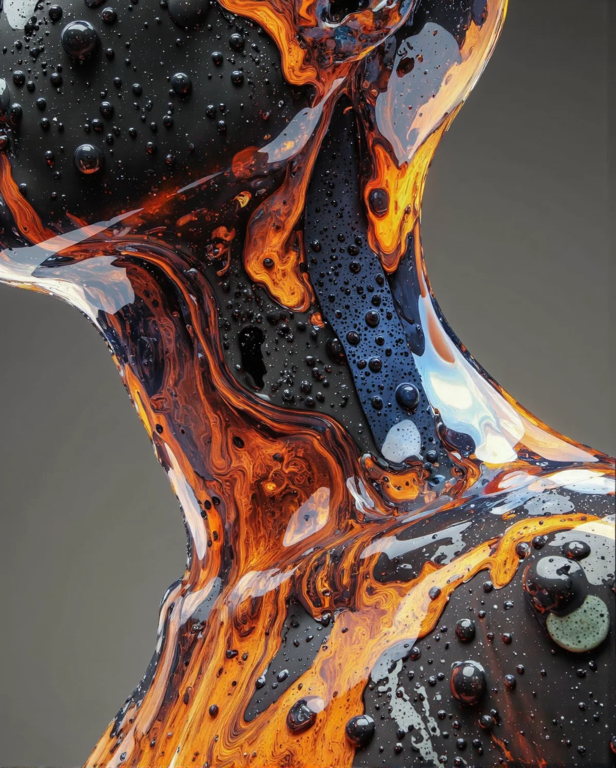 Delirium style. This is a digital artwork featuring an abstract, organic form composed of glossy, fluid surfaces. The central focus is a curving, almost human-like shape that appears to be a fusion of two bodies, with the upper body resembling a head and the lower body resembling a torso. The form is primarily rendered in shades of black, dark blue, and vibrant orange, creating a striking contrast. The surface of the form is highly reflective, giving it a wet, almost liquid quality, and it is covered in small, dark bubbles and droplets that add texture and depth.
The background is a solid, muted gray, which helps to emphasize the fluidity and color contrast of the main subject. The artwork uses a high level of detail and realism, with the glossy surfaces capturing light in a way that creates a sense of movement and fluidity. The style is modern and abstract, with a focus on form and texture rather than realism. The overall aesthetic is futuristic and otherworldly, evoking a sense of mystery and intrigue. The image is likely created using advanced digital software, allowing for precise manipulation of light and color to achieve the desired effect. <lora:Bonafida.Studio:1>