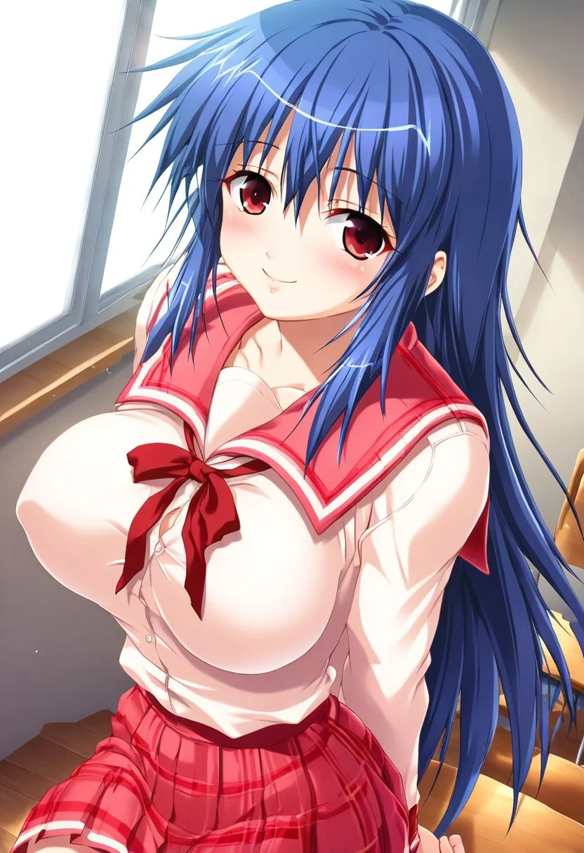 score_9, score_8_up, score_7_up, game_cg, best background, detailed background, long hair, garnet eyes, blue hair, red bow, red blouse, long sleeves, red uniform vest, school uniform, huge breasts, smile, shy expression, faint blush, looking at viewer, dynamic camera, hands, classroom background, dynamic camera, dutch angle, hands behind back,