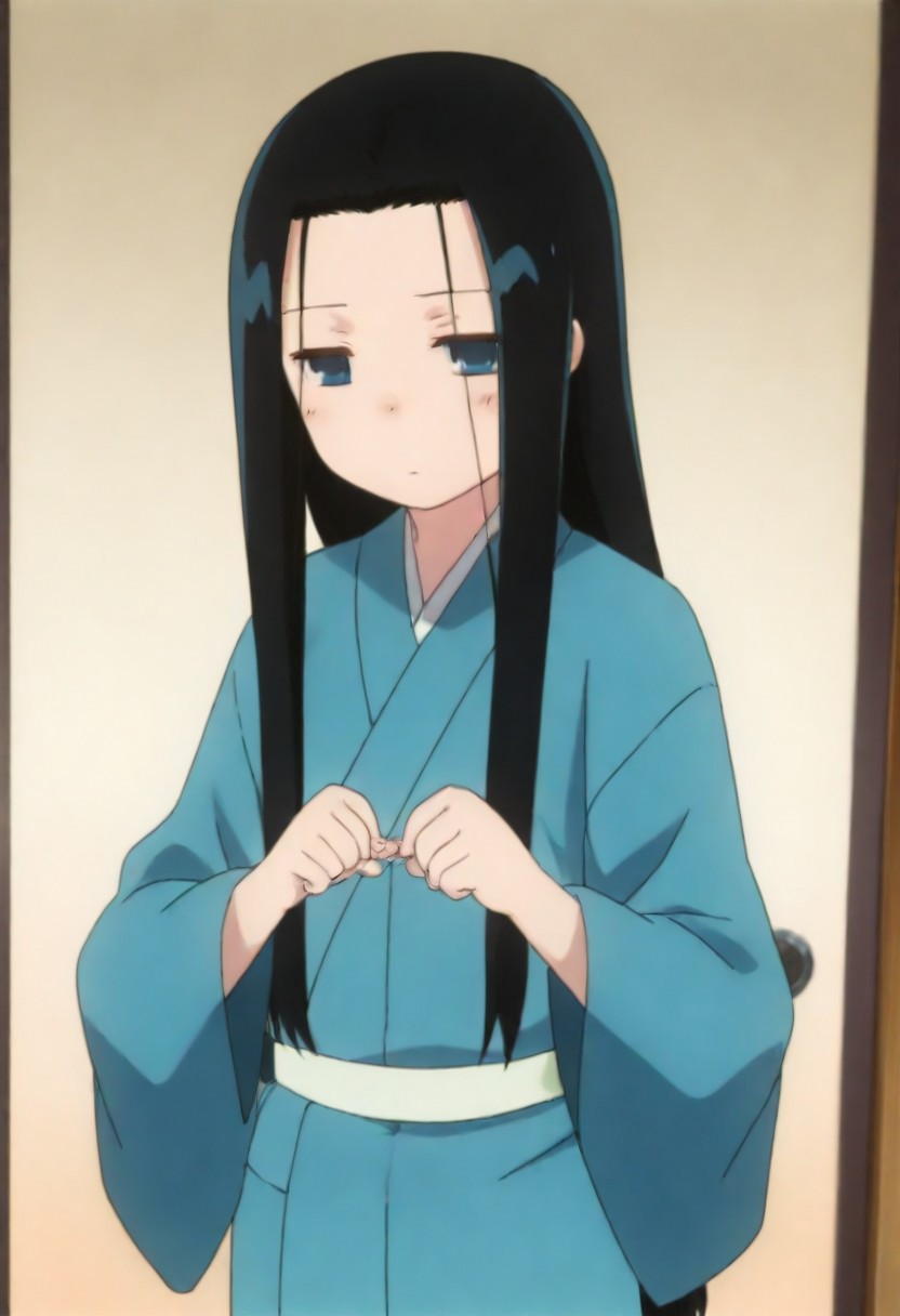 masterpiece, best quality, amazing quality,,, shiny skin,,,,,, anrakutei, blue_eyes, black_hair, very_long_hair, blue_kimono, long_sleeves, wide_sleeves,