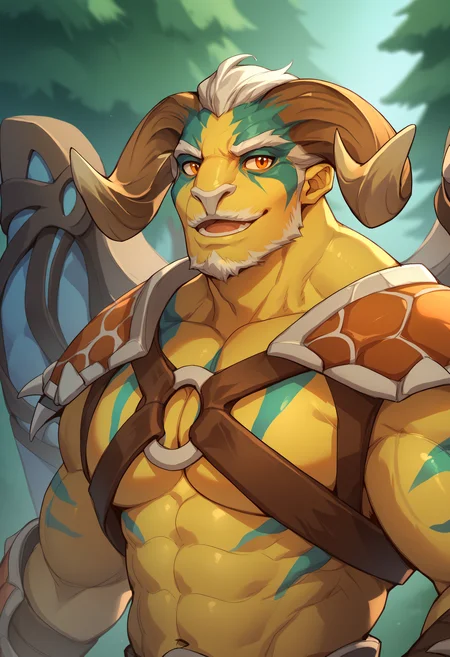 score_9, score_8_up, score_7_up, score_6_up, score_5_up, score_4_up, BREAK, eldertitanpdxl, horns, 1boy, male focus, solo, armor, shoulder armor, wings, male focus, bara, muscular male, facial hair, solo, white hair, beard, orange eyes, open mouth, mature male, soft smile, furry male, orange eyes, thick eyebrows, furry, forest, upper body, face close up, looking at viewer, waving, <lora:Elder_Titan_the_Worldsmith:0.75>