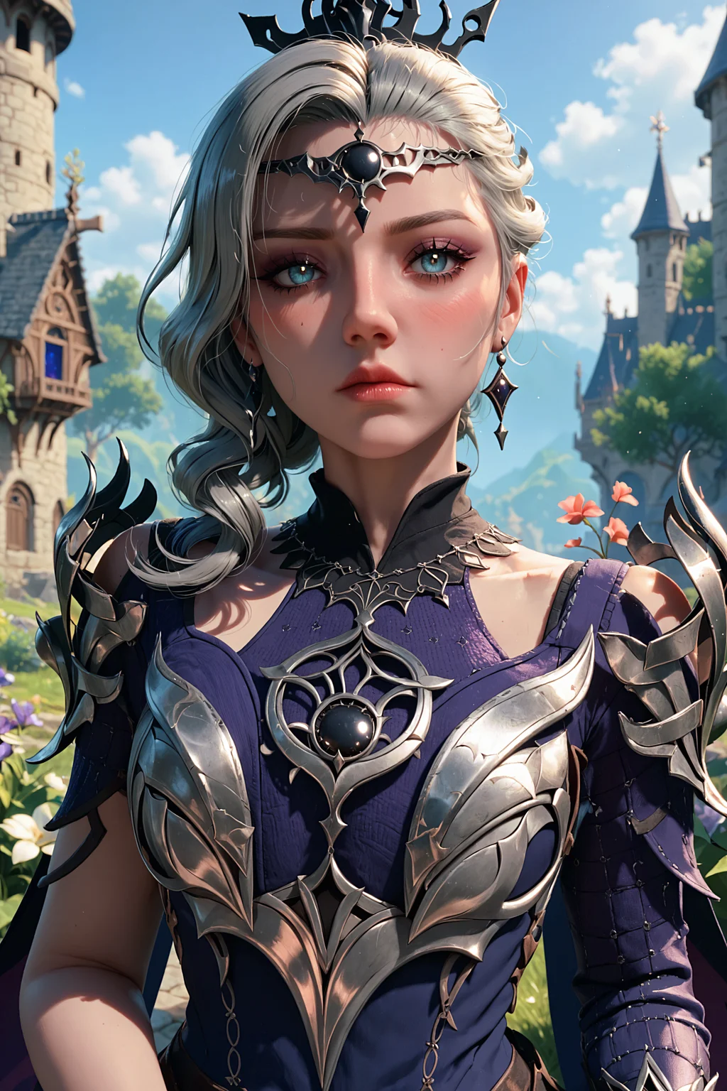cl3r1c, score_9, score_8_up, score_7_up, 1girl, solo, signora_(genshin_impact), genshin_impact, upper body, blush, castle courtyard, <lora:_5h4rt:1.0>