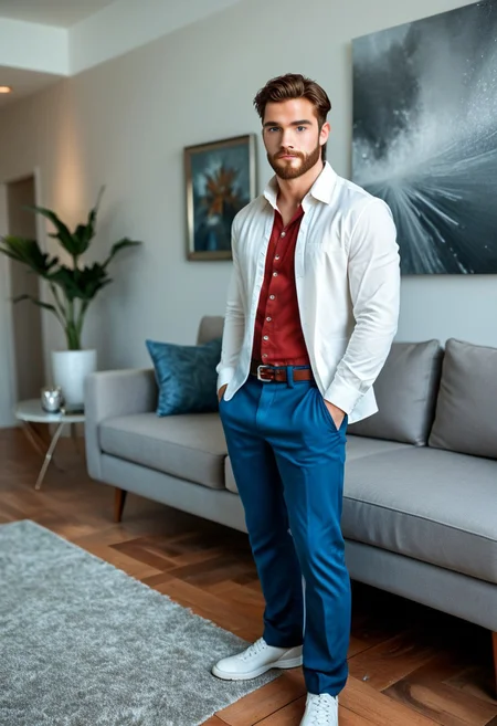 (man:1.25), male, joe, masculine, handsome, muscular, fit, 45 years old, strong jawline, short brown beard, short brown hair, well groomed, blue eyes, skin details, detailed eyes,
BREAK
close-up, standing, grey couch, living room, grey rug, wood floor,
BREAK
wearing white dress shirt, blue pants,
BREAK
grinning, dominant, facial expression style,
BREAK
score_9, score_8_up, score_7_up, dynamic, highly detailed, high quality, smooth, sharp focus, intricate details, photo, realistic, photorealism, realism, high budget, high res, hires, high resolution, studio lighting, epic, dramatic, gorgeous,