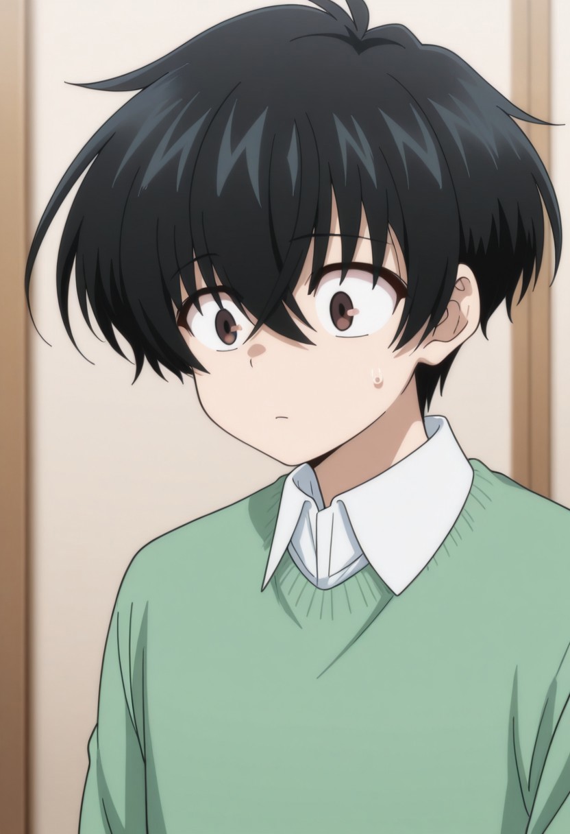 masterpiece,best quality,amazing quality, source_anime, 
KeitaroGentoga, 1boy, male focus, solo, brown eyes, black hair, shirt, white shirt, collared shirt, green sweater,