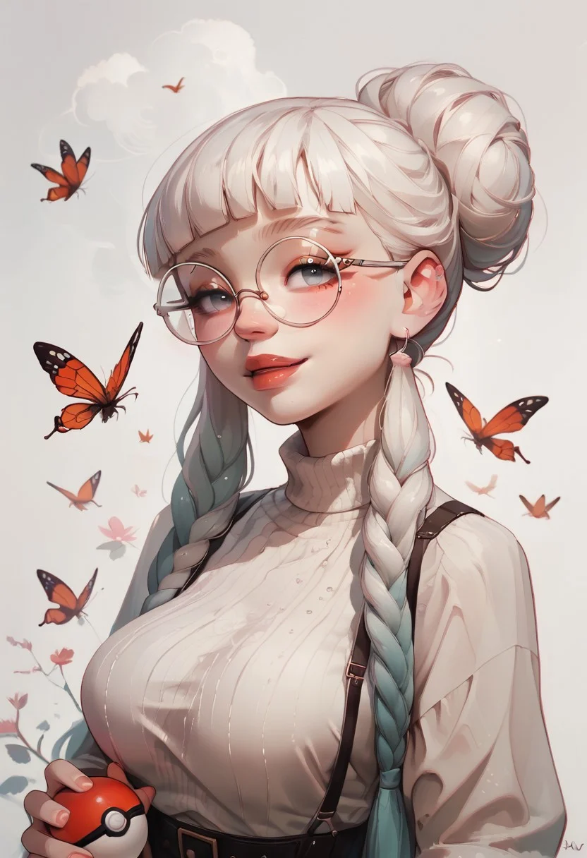 score_9, score_8_up, score_7_up, score_6_up, pastel, watercolor,
White hair, blunt bangs, long braids,
cute, female, 1girl, pokemon girl, holding PokeBall, bug catcher net,
large breasts, white knitted cropped sweater, black bra straps,
Smiling, round glasses,