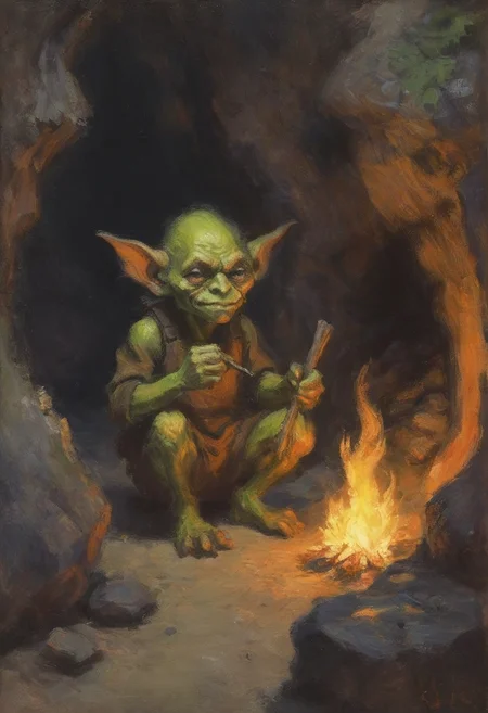 impressionist painting of a goblin starting a fire in his damp and depressing cramped cave
