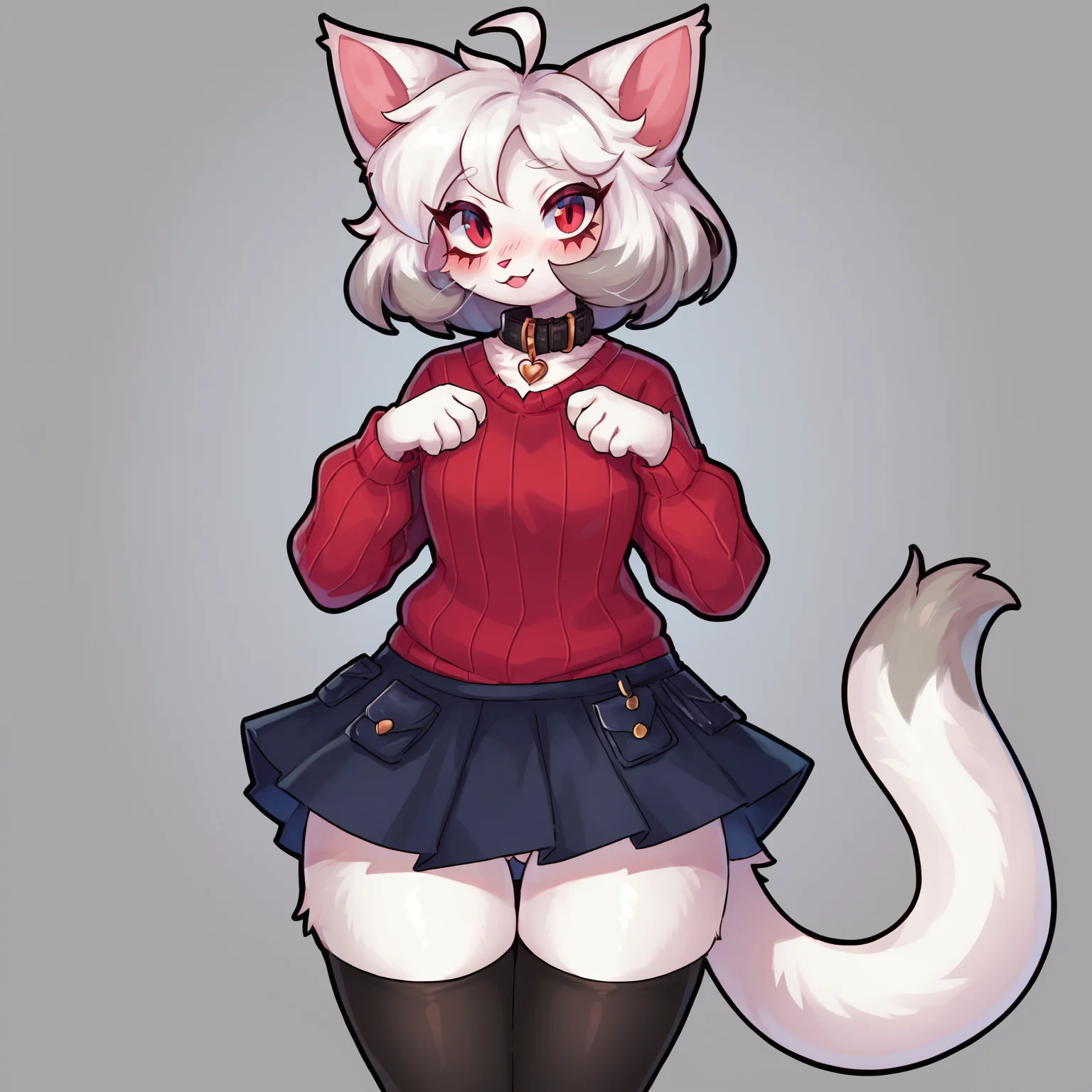 <lora:Robonya-PONY:0.8> robonya, furry, white body, red eyes, female, standing, looking at viewer, sweater, skirt, thigh highs, collar, blushing, score_9, score_8_up