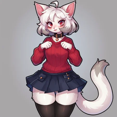 <lora:Robonya-PONY:0.8> robonya, furry, white body, red eyes, female, standing, looking at viewer, sweater, skirt, thigh highs, collar, blushing, score_9, score_8_up