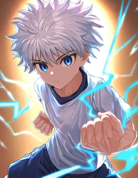 masterpiece, nayoshi-style, simple background, backlighting, depth of field, 1boy, solo, Killua Zoldyck, White hair, blue eyes, looking down at viewer, white shirt, blue shorts, electricity, glowing, spiked hair, power pose, clenched hand <lora:nayoshi-naixl-v5Nb-ShoAI:1>