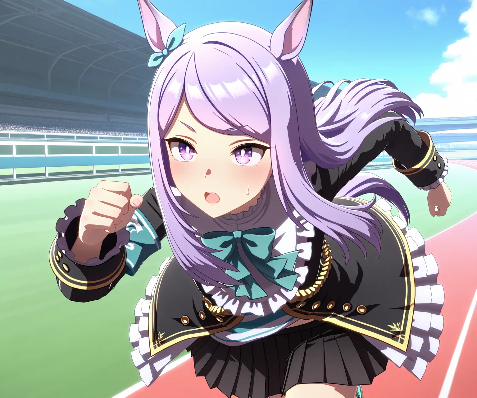 masterpiece, best quality, amazing quality, , 1girl, solo,umamusume, racetrack, running, <lora:Mejiro Mcqueen in game style 3D ILL-v2:1> ummsmingame, 3d, mejiro mcqueen \(umamusume\), black skirt