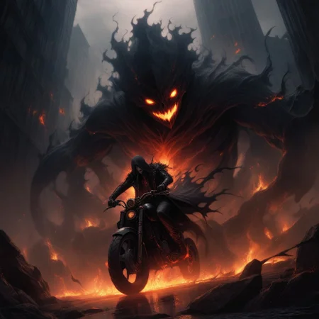 Dark Fantasy Art, Dark Moody Atmosphere, dramatic, mysterious, dark moody atmosphere, dark, moody, dark fantasy style, realistic anime,
BREAK,
Ghost Rider rockets up the skyscraper, his flaming motorcycle scorching a fiery path over glass and steel,
BREAK,
His skull, engulfed in hellfire, casts a sinister, flickering glow, with empty eye sockets seething with vengeful fire,
BREAK,
Flames curl around his skeletal form, his leather jacket and pants seared and frayed, smoldering as he rides,
BREAK,
Each wheel turn burns the glass, leaving molten streaks that trail behind him, and the building quakes under his ascent,
BREAK,
His engine’s roar echoes against the steel, blending with the hiss of flames in a symphony of raw, otherworldly power,
BREAK, 
sitting on his bike, cracked roadway,