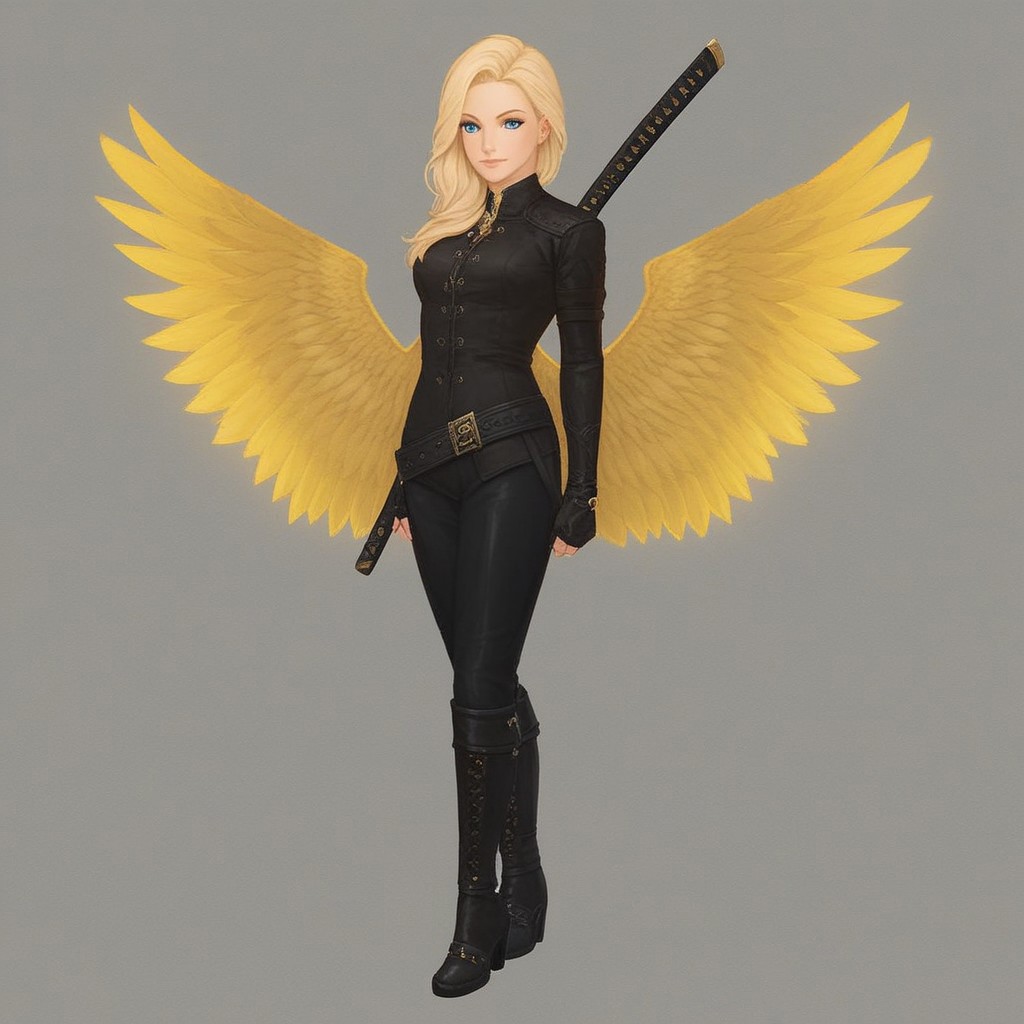 score_9, score_8_up, score_7_up, score_6_up, 4 golden wings behind her back,, FUSIONOFSTEEL, weapon, belt, blonde hair, solo, Blue Eyes, LordFusion, long hair, Wielding decamune, wielding katana, wielding katana class Empyrean full body, character render, transparent background,