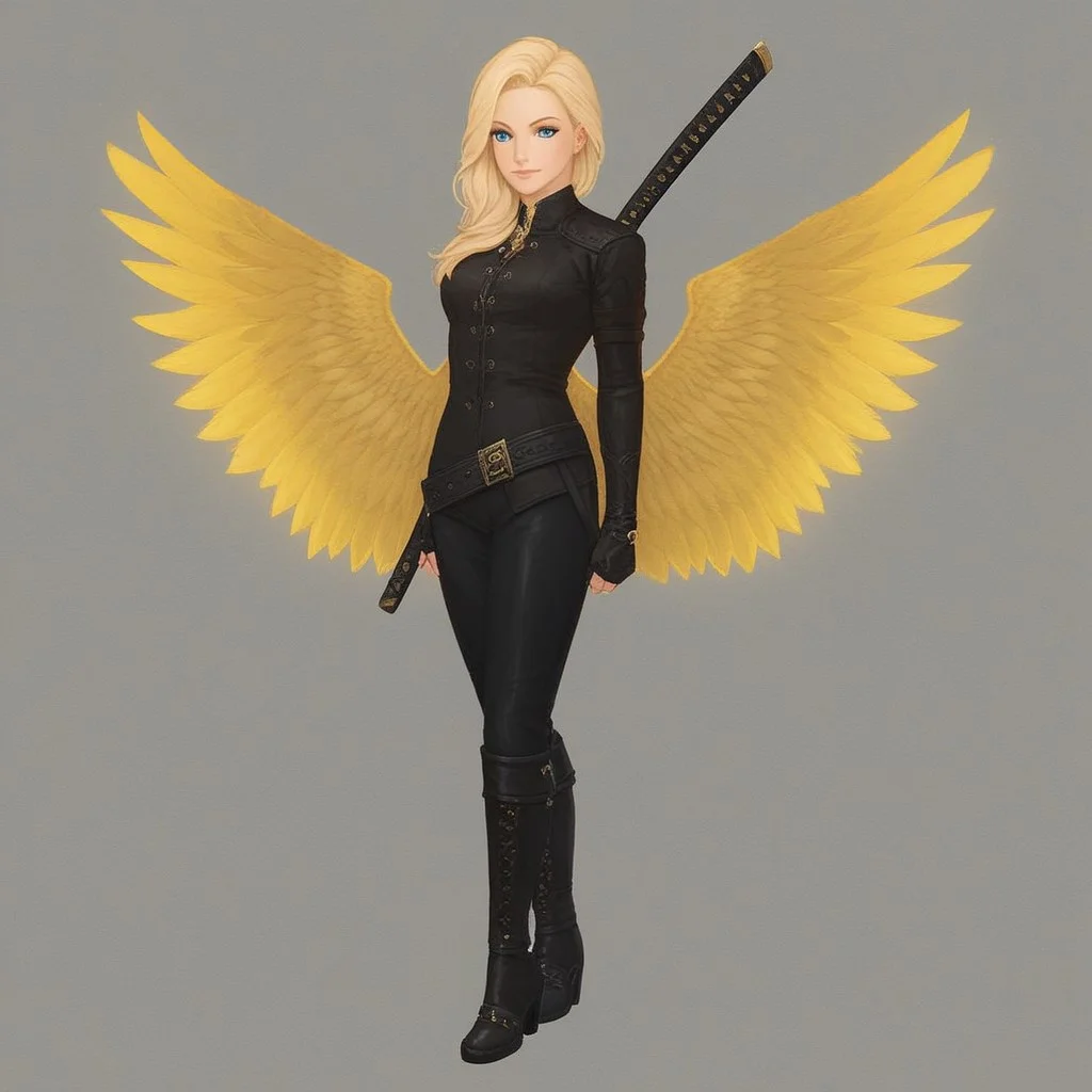 score_9, score_8_up, score_7_up, score_6_up, 4 golden wings behind her back,, FUSIONOFSTEEL, weapon, belt, blonde hair, solo, Blue Eyes, LordFusion, long hair, Wielding decamune, wielding katana, wielding katana class Empyrean full body, character render, transparent background,